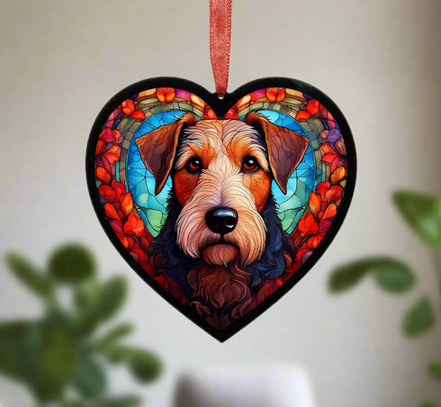 Airedale Terrier Stained Glass Effect Heart Suncatcher